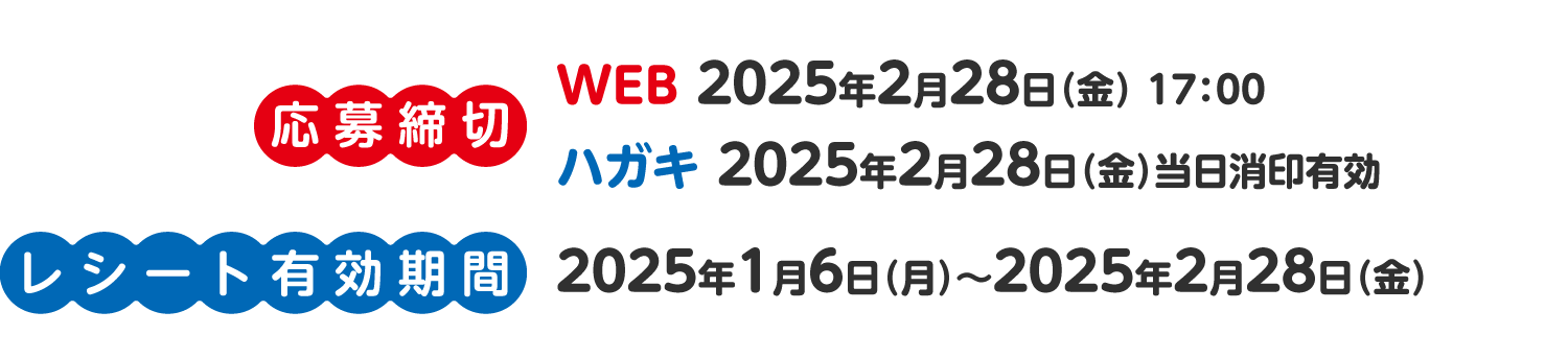 応募締切：WEB 2025年2月28日（金） 17：00　ハガキ 2025年2月28日（金）当日消印有効　レシート有効期間2025年1月6日（月）〜2025年2月28日（金）